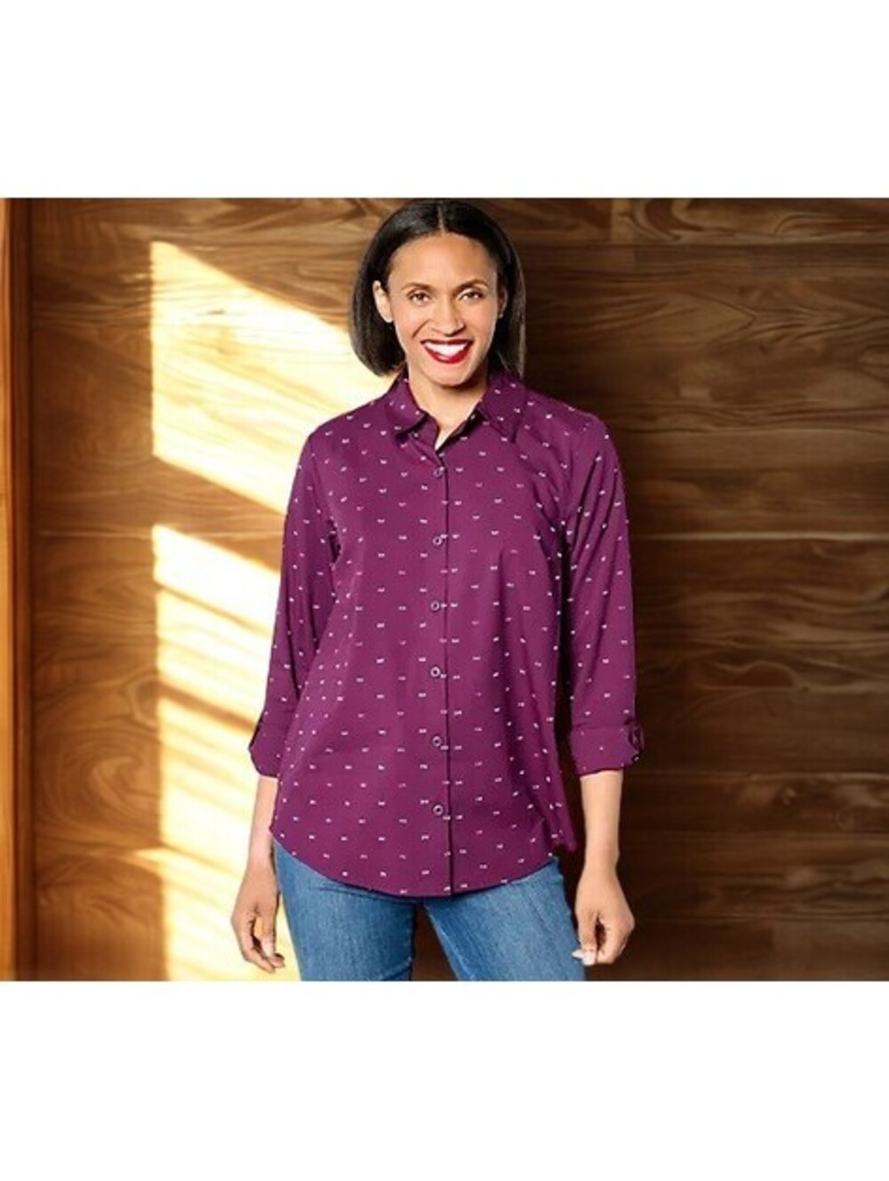 Joan Rivers Textured Clip Dot Boyfriend Shirt MERLOT Size S